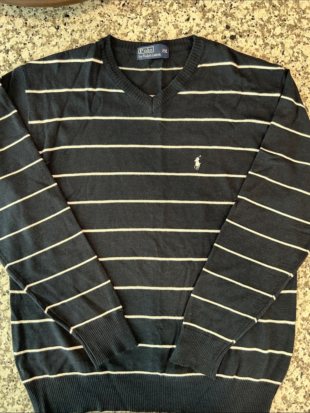 Polo by Ralph Lauren Navy V-Neck Sweater with Cream Stripes